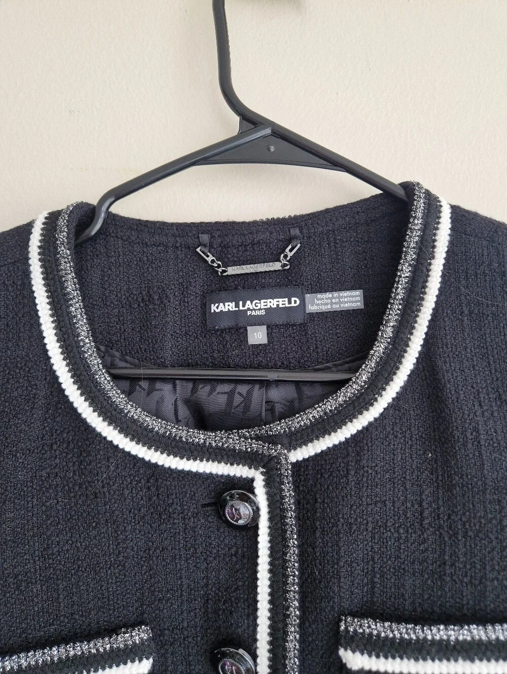 Karl Lagerfeld Black Tweed Boxy Jacket with White Trim - Picture 4 of 5